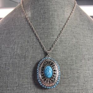 Turquoise Semi Precious Stone and Silver Filigree Necklace